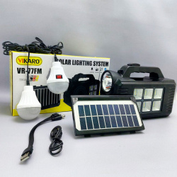 Многофункциональная кемпинговая осветительная зарядная станция Solar lighting system VR-77, 4000 мАч (USB + солнечная батарея, LED фонарь + светильник, с функцией Power bank, 2 LED лампы) / Портативная система освещения на солнечной батарее